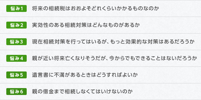 将来の相続税はおおよそどれくらいかかるものなのか、実効性のある相続対策はどんなものがあるか、
        現在相続対策を行ってはいるが、もっと効果的な対策はあるだろうか、親が近い将来亡くなりそうだが、今からでもできることはないだろうか、遺言書に不満があるときはどうすればよいか、親の借金まで相続しなくてはいけないのか